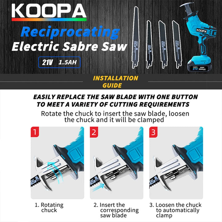 Koopa Cordless High Speed Cutting Reciprocating Saw 21V 1.5Ah Battery for Wood/Metal/PVC Cuting (Compatible with Makita Battery)