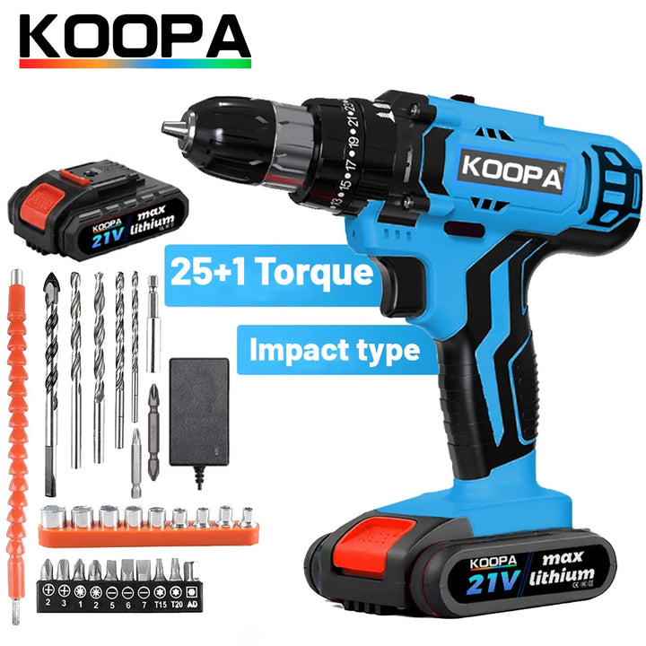 Koopa Tool 21V Portable Cordless Impact Drill Driver Screwdriver 2 Variable Speed 25+1 Torque Setting with battery