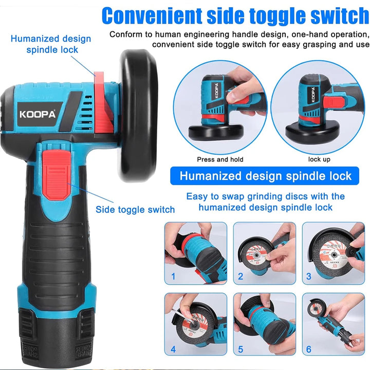 Koopa Tool Angle Grinder 19500rpm Mini Grinders Power Tools Handheld Portable Electric Grinder Machine with 5 Cutting Disc