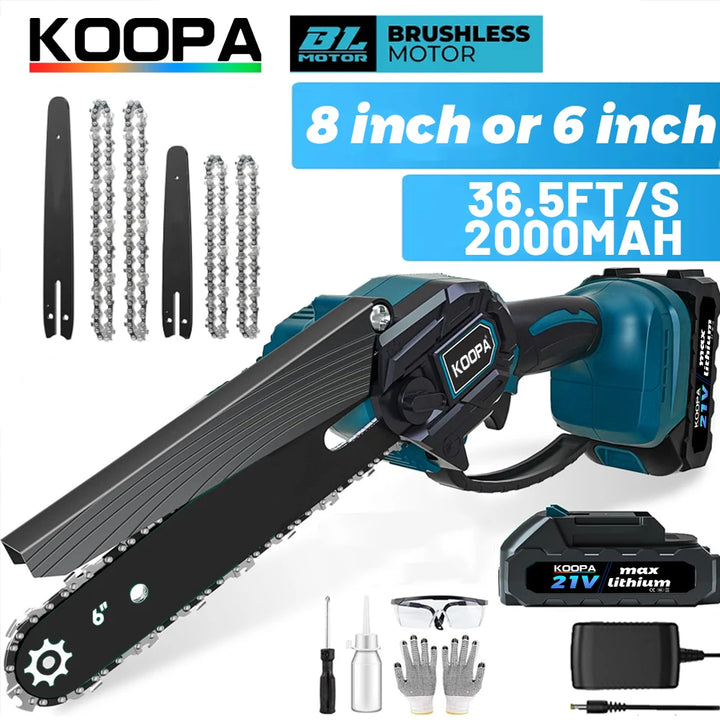 Koopa Tool Cordless 6 or 8 Inch Brushless Mini Chainsaw with 2.0Ah Battery Portable Handheld for Garden Courtyard Cutting