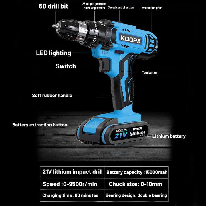 Koopa Tool 21V Portable Cordless Impact Drill Driver Screwdriver 2 Variable Speed 25+1 Torque Setting with battery