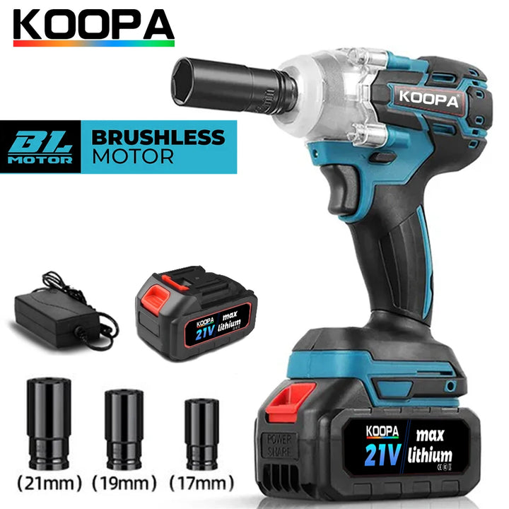 Koopa Tool Electric Wrench 18/21V Rechargeable 1/2 Inch Handheld Brushless Impact Wrench Compact Set with 3 Sockets