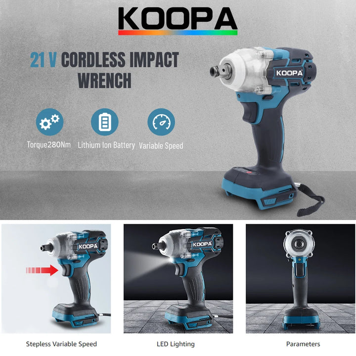 Koopa Tool Electric Wrench 18/21V Rechargeable 1/2 Inch Handheld Brushless Impact Wrench Compact Set with 3 Sockets