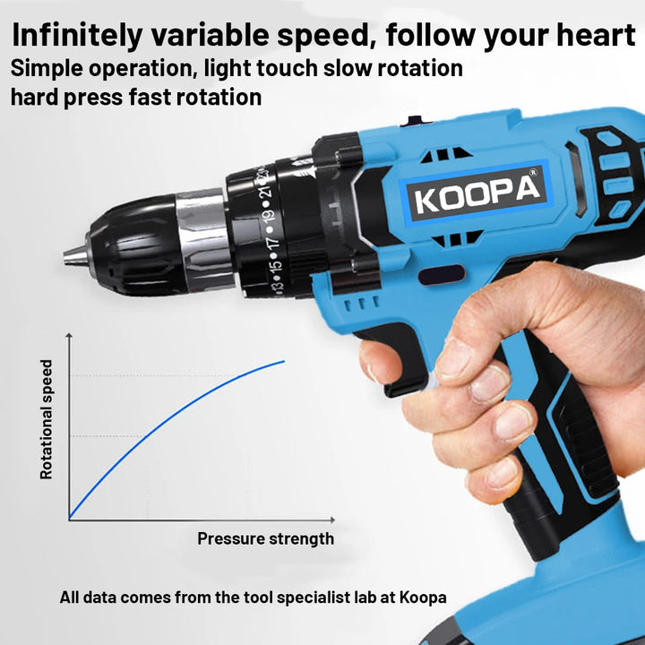 Koopa Tool 21V Portable Cordless Impact Drill Driver Screwdriver 2 Variable Speed 25+1 Torque Setting with battery