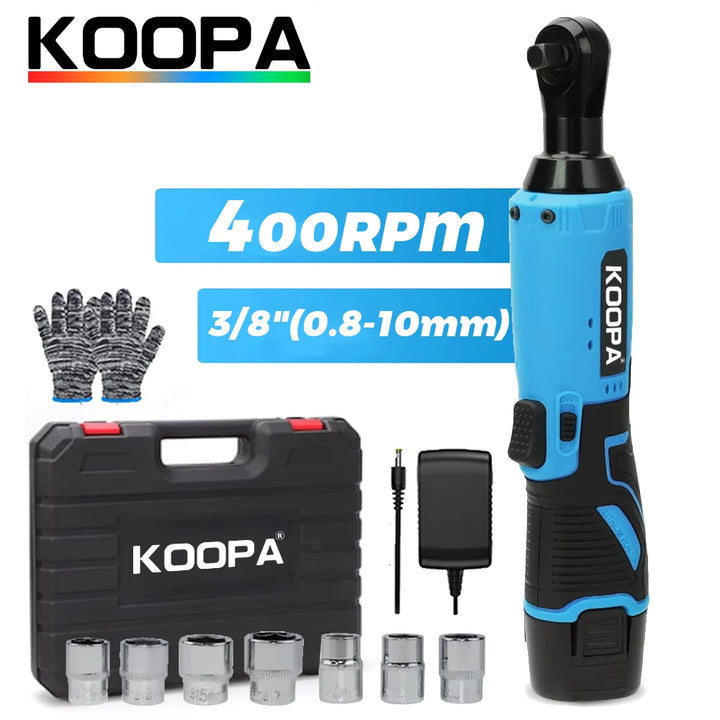 Koopa Cordless Electric Ratchet Wrench Set 40 Ft-lbs 12V Power Ratchet Kit Variable Speed with 1500mAh LithiumIon Battery (3/8")