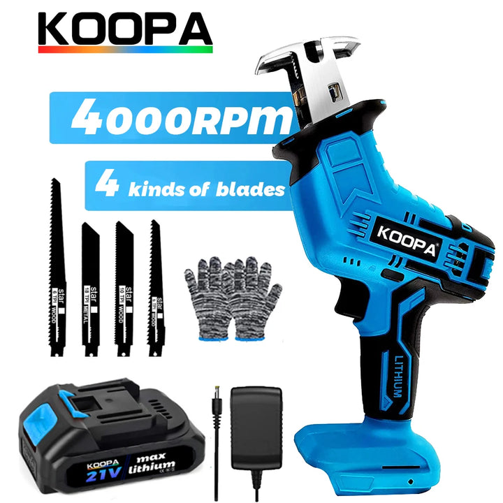 Koopa Cordless High Speed Cutting Reciprocating Saw 21V 1.5Ah Battery for Wood/Metal/PVC Cuting (Compatible with Makita Battery)